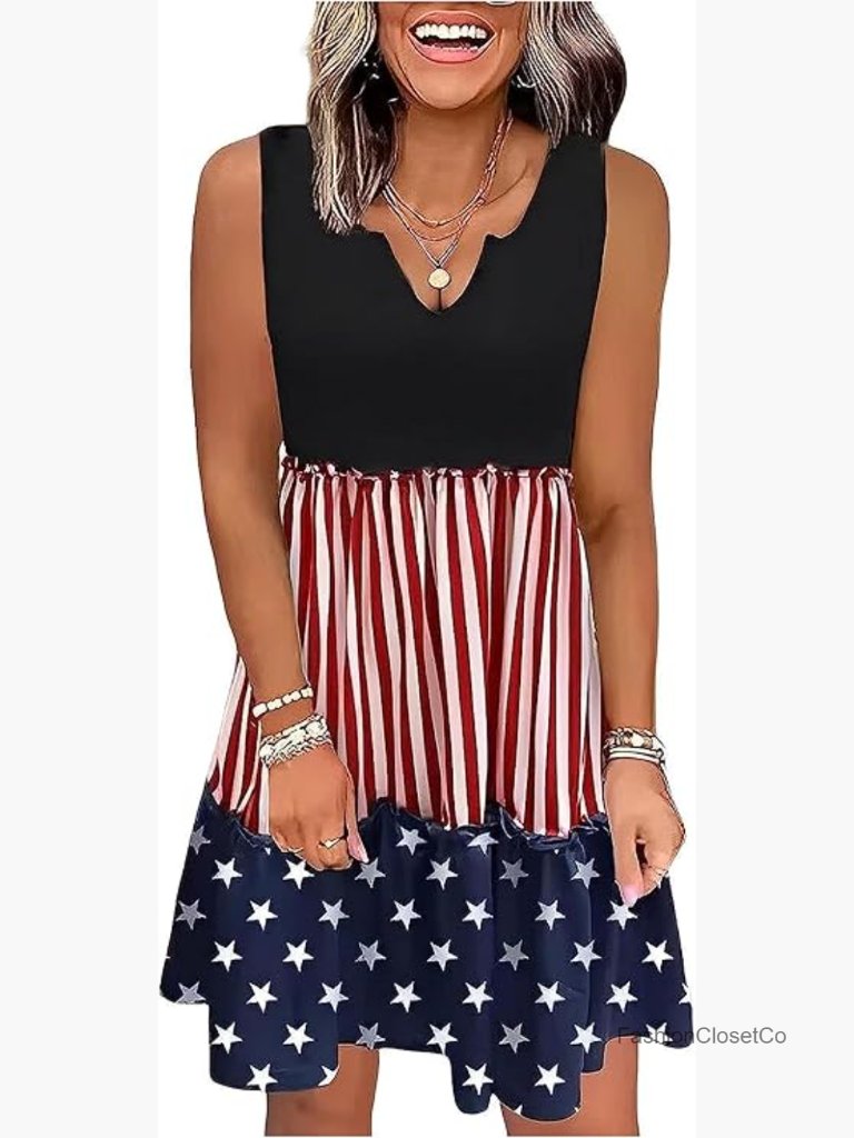 American Flag Star Striped Ruffled Mini Dress Patriotic Casual Tank Dress